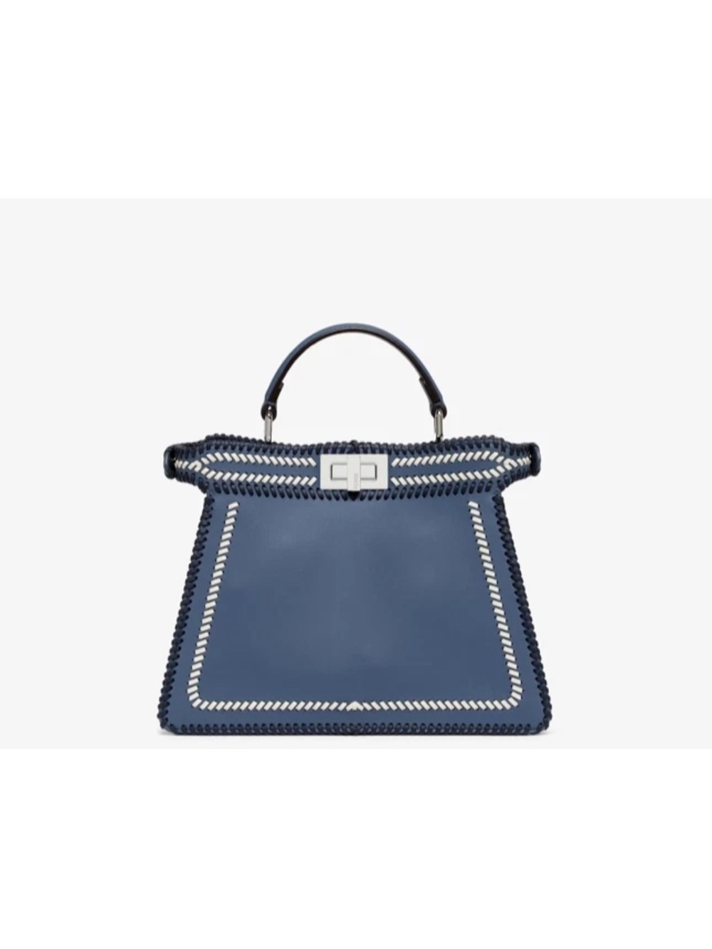 Auth FENDI Iseeu Peekaboo Small Leather Bag Mirto Dark Blue/White Ice Stitching